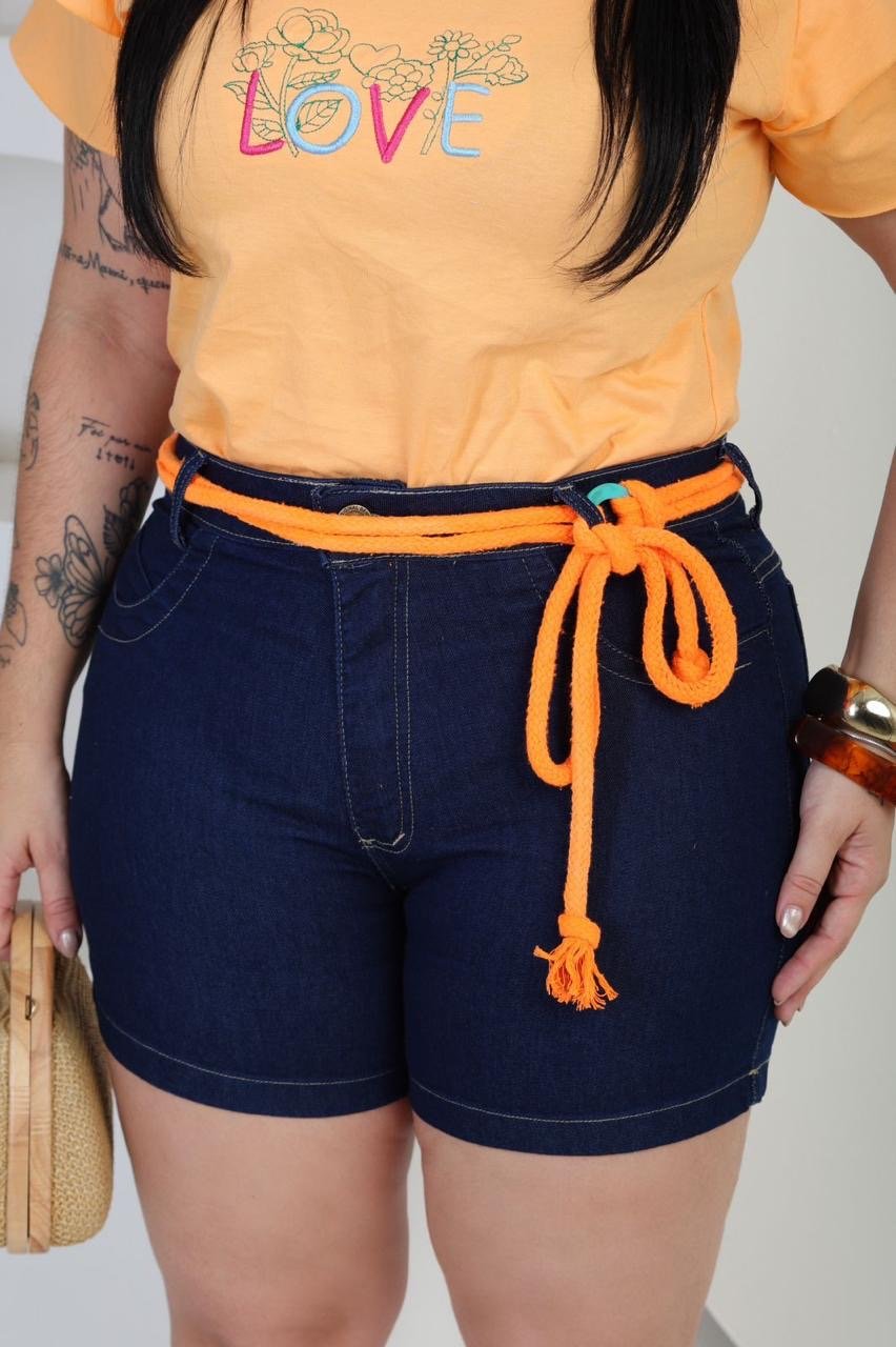 Short Jeans Pluszise Milena Ref 40034 Azul Oscuro/Cinto Naranja 9123